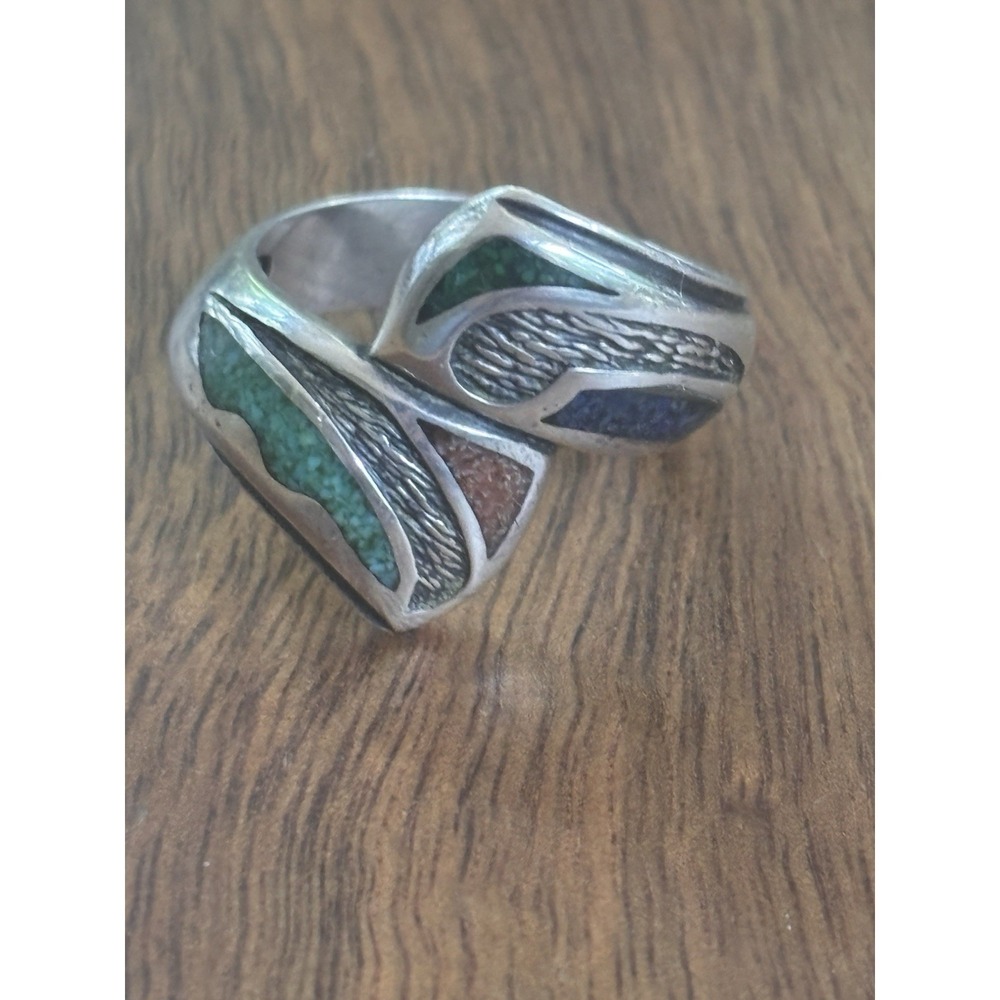 CAROLYN POLLACK 925 STERLING SILVER MULTI-GEMSTONE SOUTHWEST BYPASS RING SZ 7